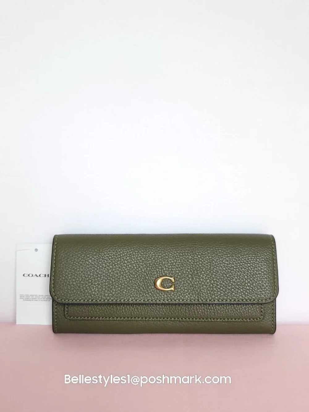 COACH Mila Pebbled Leather Long Flap Wallet- Olive color🎈